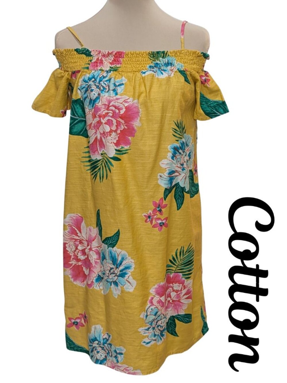 Cotton Yellow Floral Off-the-Shoulder Dress